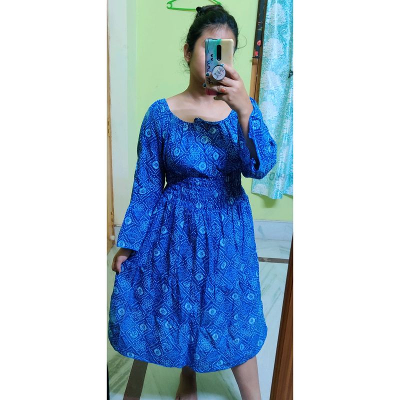 Bandhni Printed Royal Blue Full Sleeve Short Dress