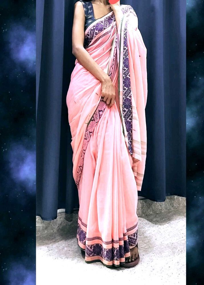 Pure Cotton Salmon Pink Handloom Saree