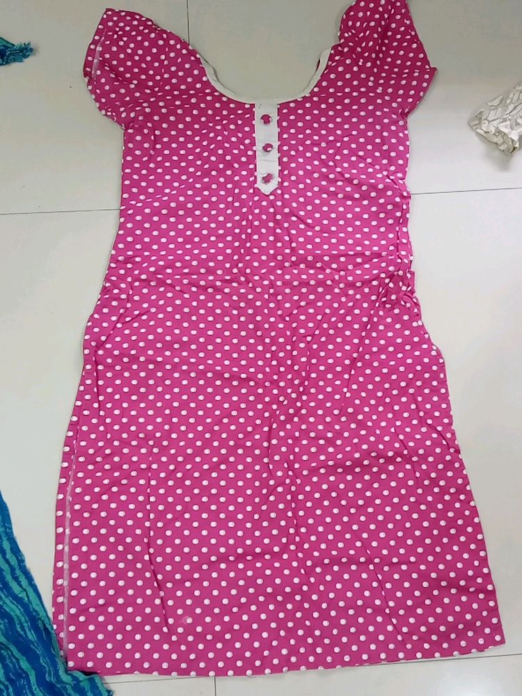 White Dotted Pink Kurti