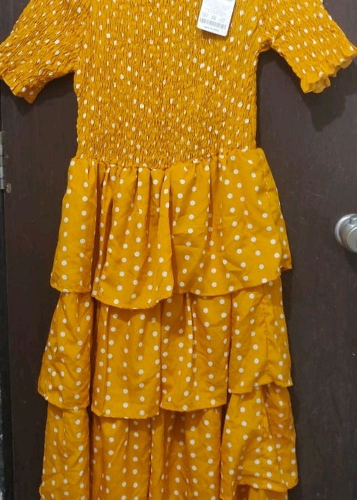 Yellow Polka Dot Smoked Midi Dress