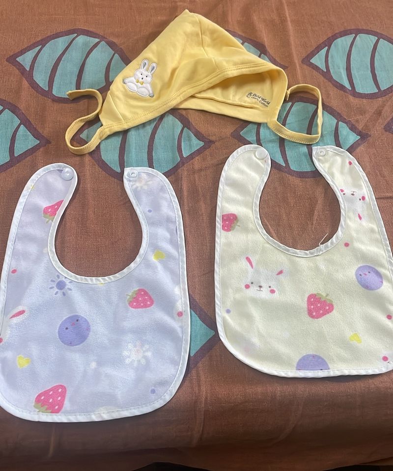 Combo Of Winter Cap And 2 Set Baby Bibs