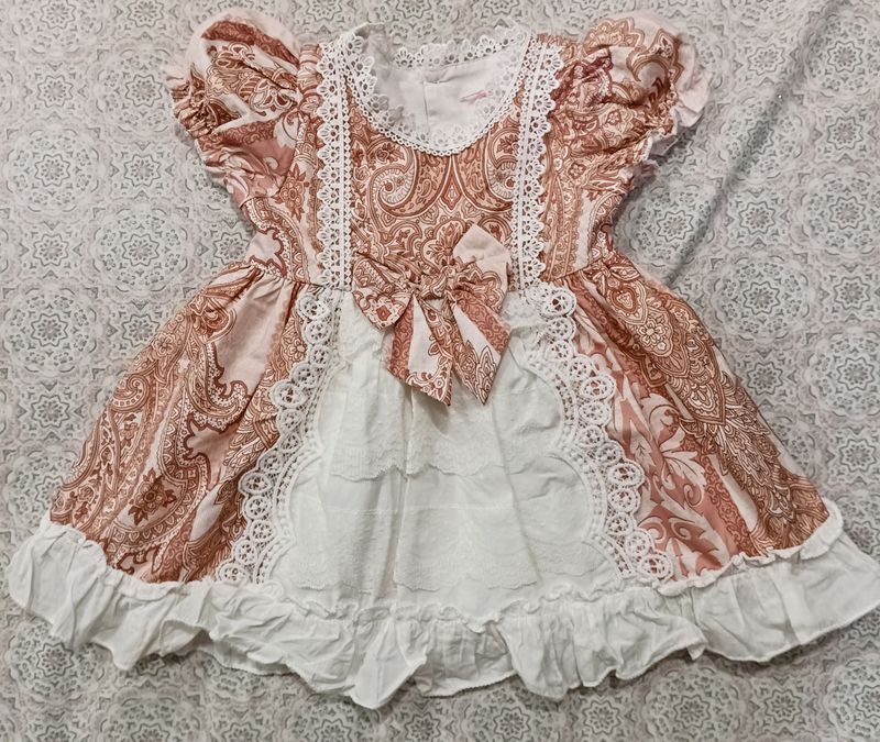 9-12 Months White And Peach Baby Dress