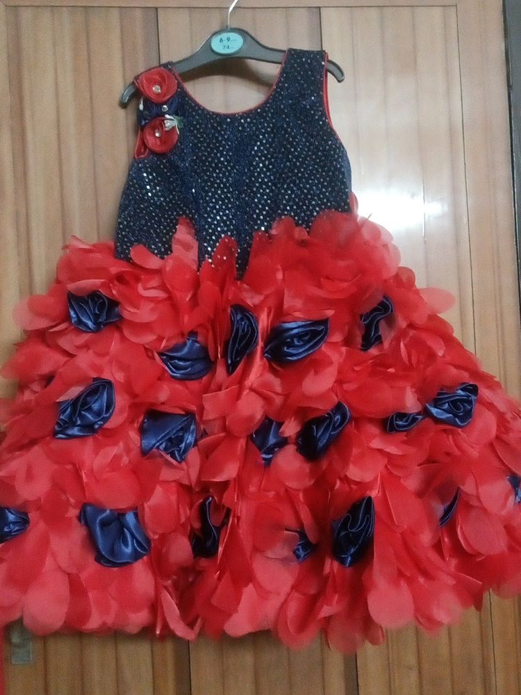 Red And Dark Blue Combination Frill Frock