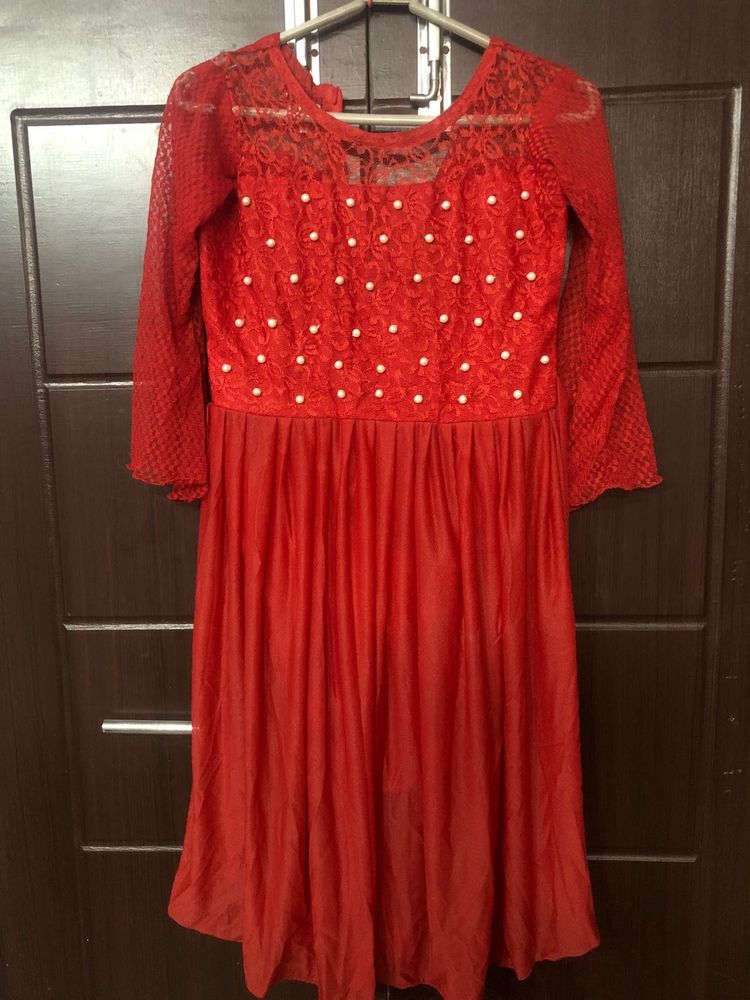 Hot Red Net Frock With Pearls Work