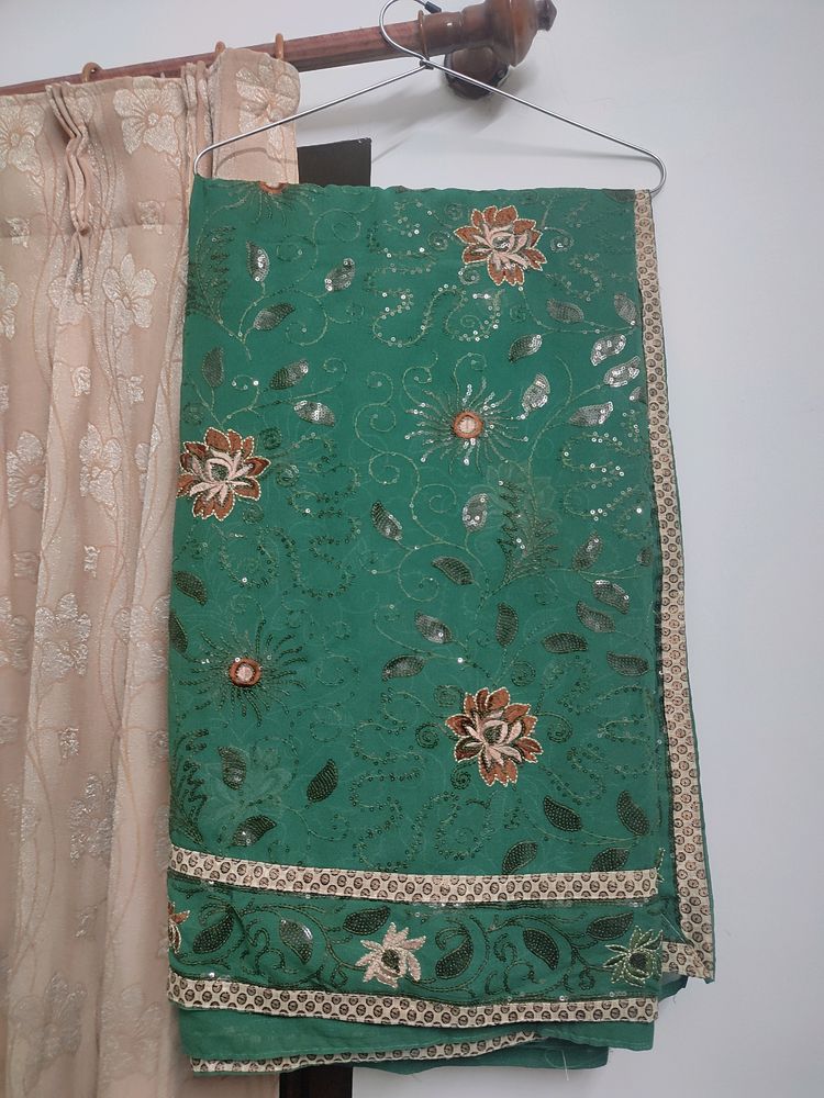 Embroidery Dark Green Zardozi Saree With Border