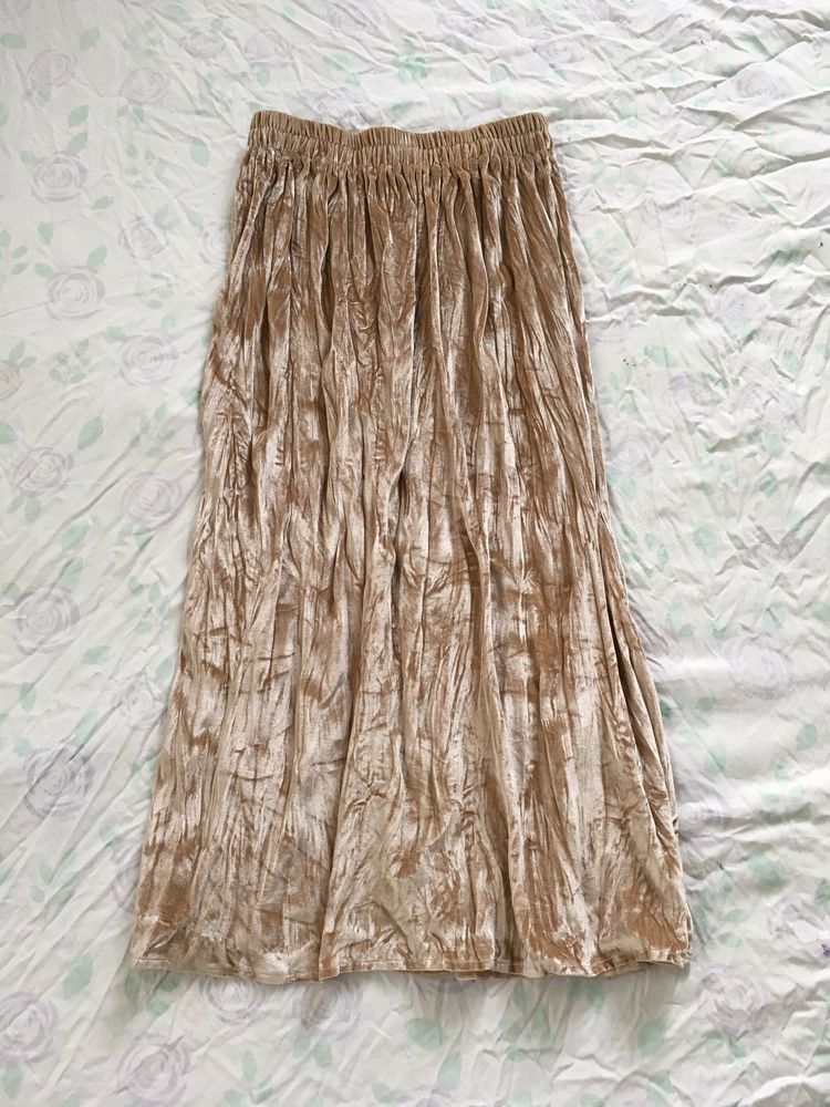 Beige Pleated Velvet Skirt