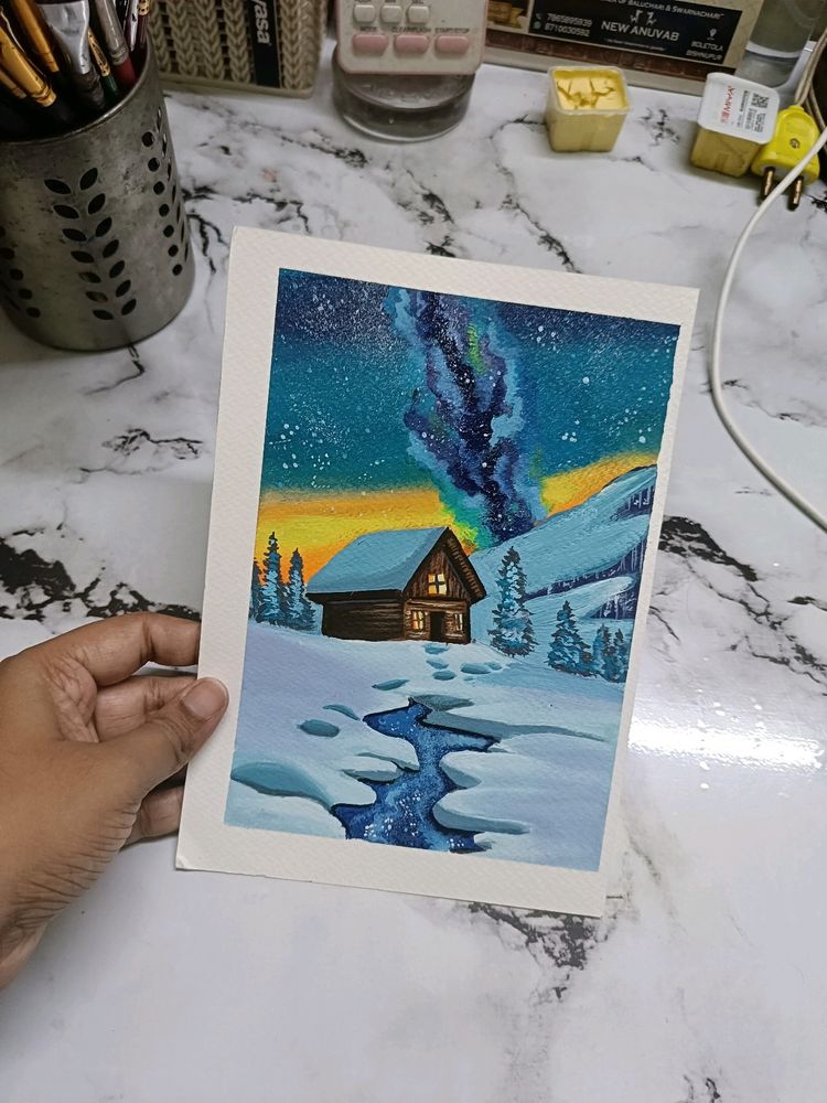 Cottage Snow Painting On A5 Sheet