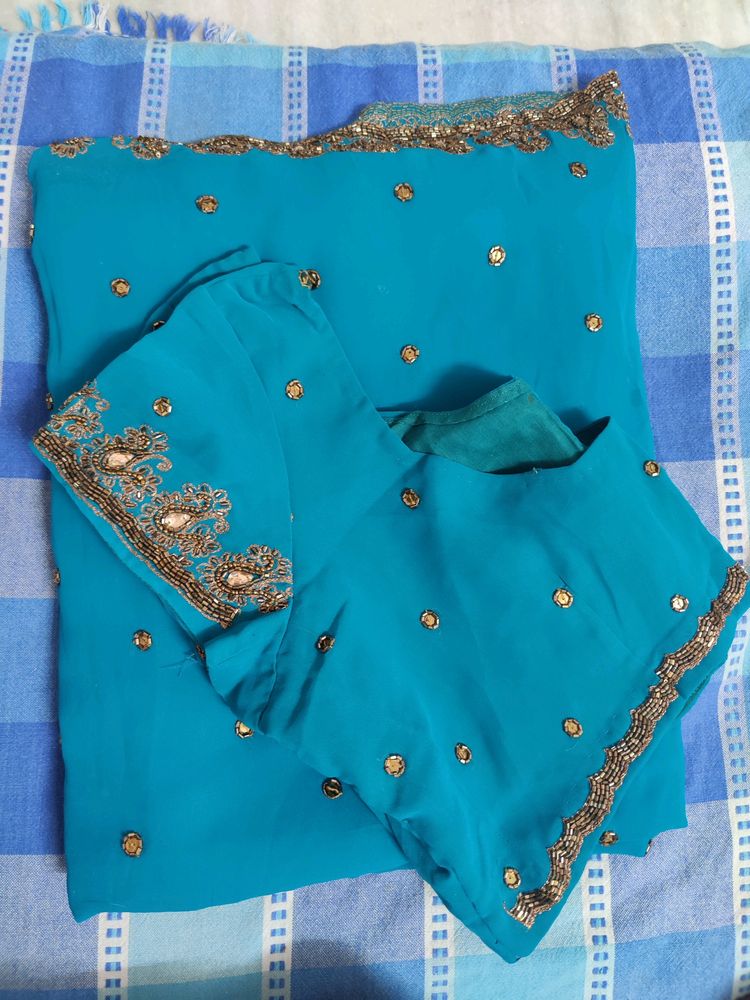 Teal Heavy Embroidery Saree With Blouse