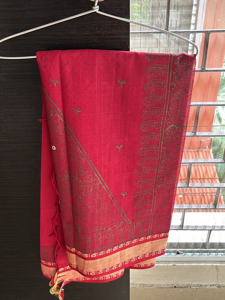 Deep Red Golden Printed Cotton Sari