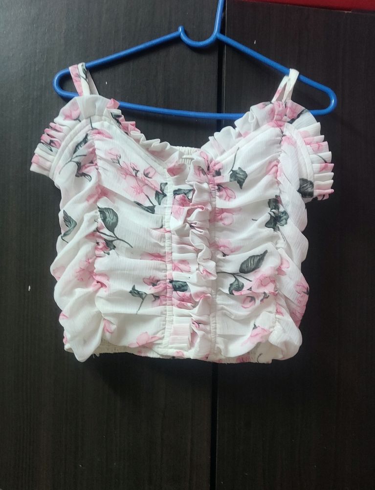 XS Size Cute White Top With Flower Print