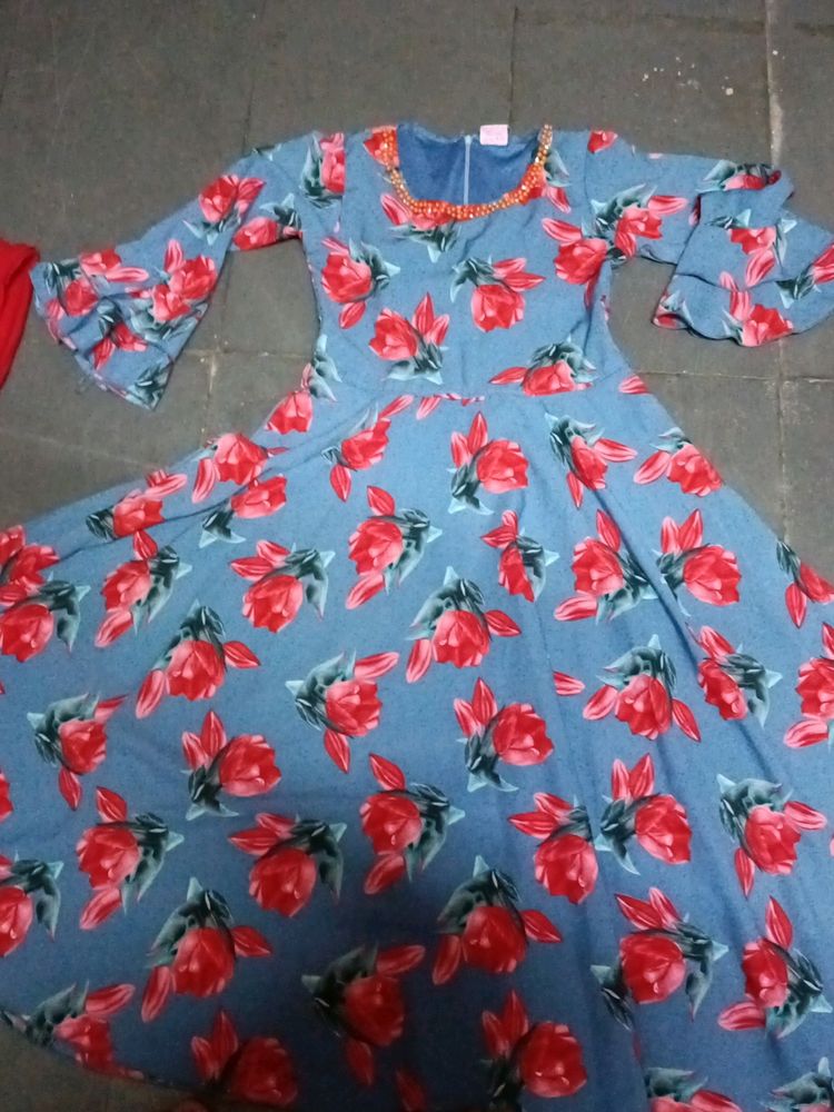 Blue Red Floral long Dress