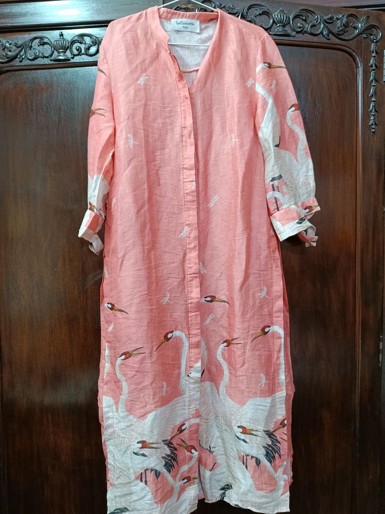 Printed Coral Silk Kurta