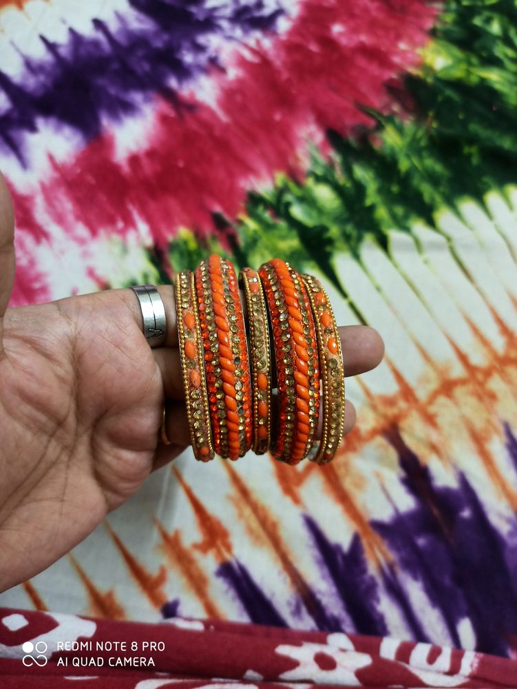 New Fancy Bangles Set In Orange & Gold