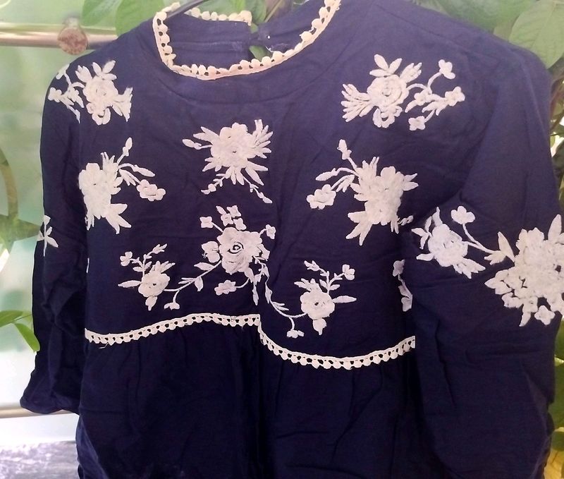 Navy Blue Top With Beautiful Flower Hand Embroider