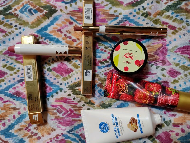 Combo  Lipstick, Hand Cream Body Cupid Body Butter Plum Body Lovin Gel Body Scrub. Myglam Ultimate And Crayon Lipstick.