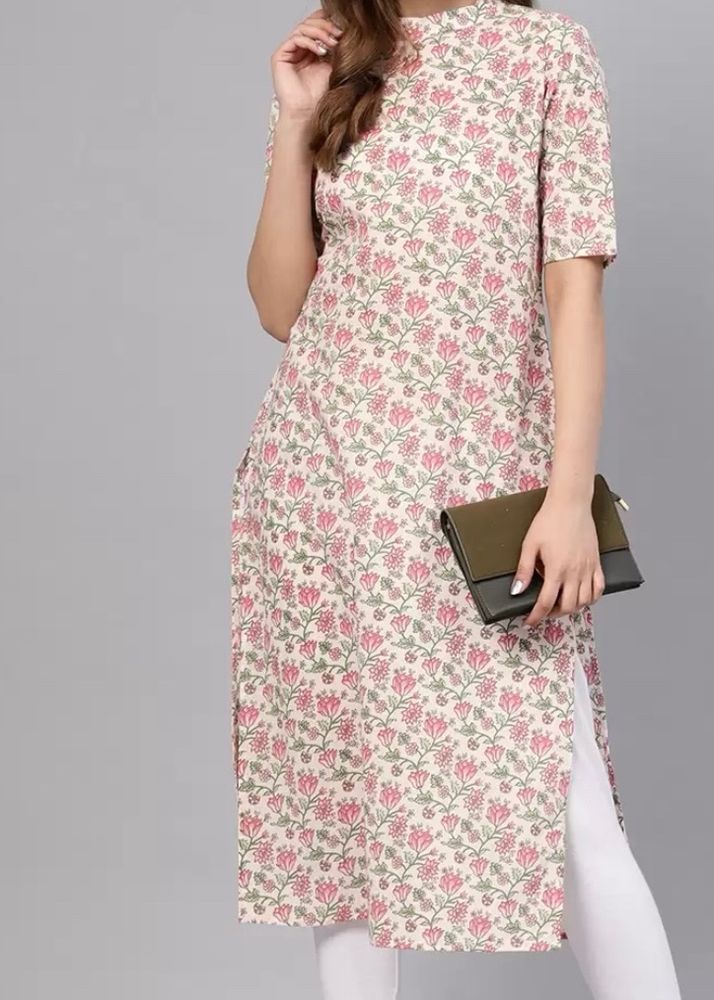 Women Green And Pink Floral Print Straight Kurta