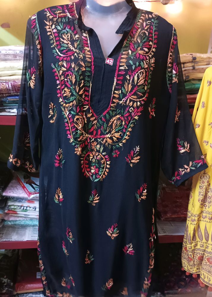 Black Multi Colored Chikankari Kurti Set