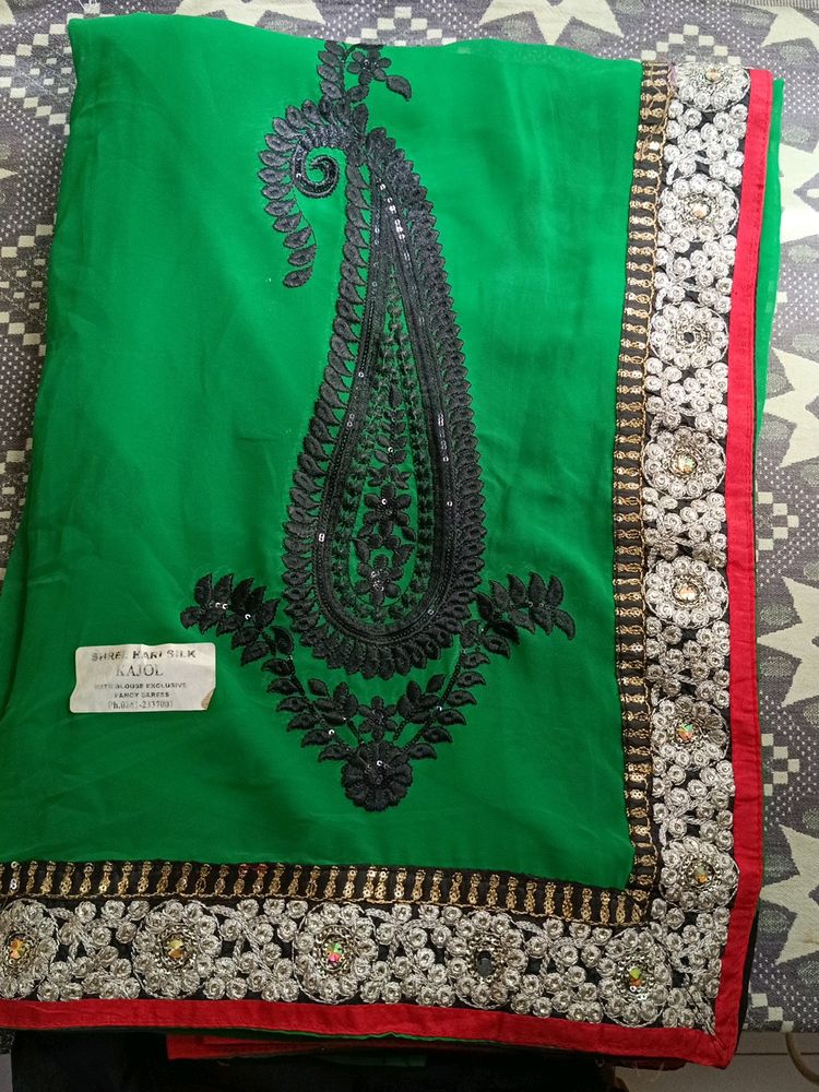 Black And Green Work Saree