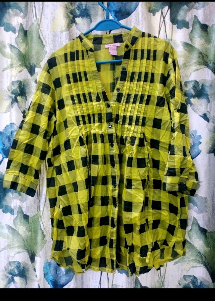 Yellow Checked Tunic Top In Pure Cotton