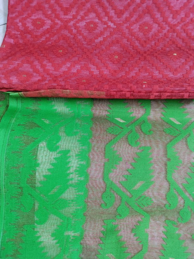 Saree, Red And Green Colour Combination Jamdani