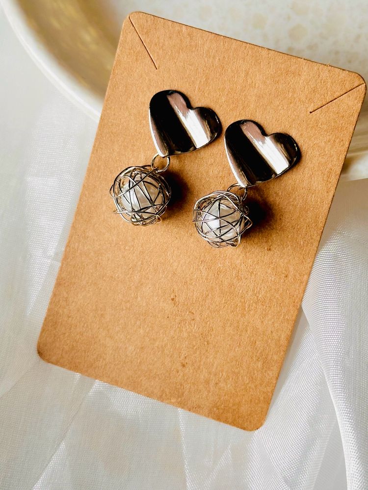Silver Heart Pearl AD earrings