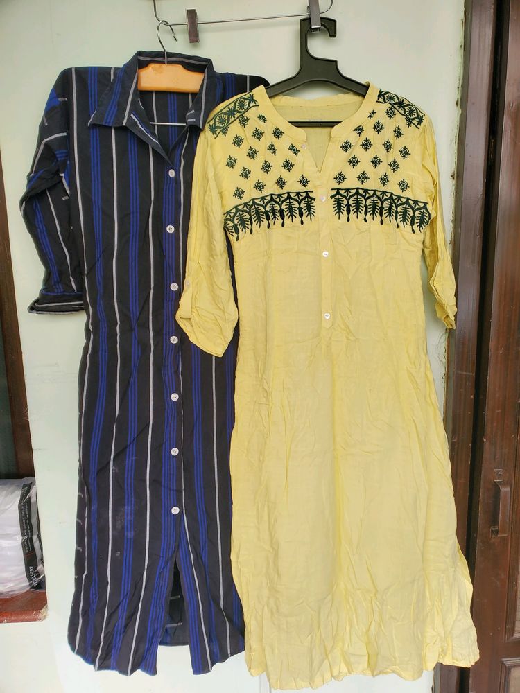 COLLAR COTTON KURTHA BLUE & YELLOW RAYON 💛 COMBO