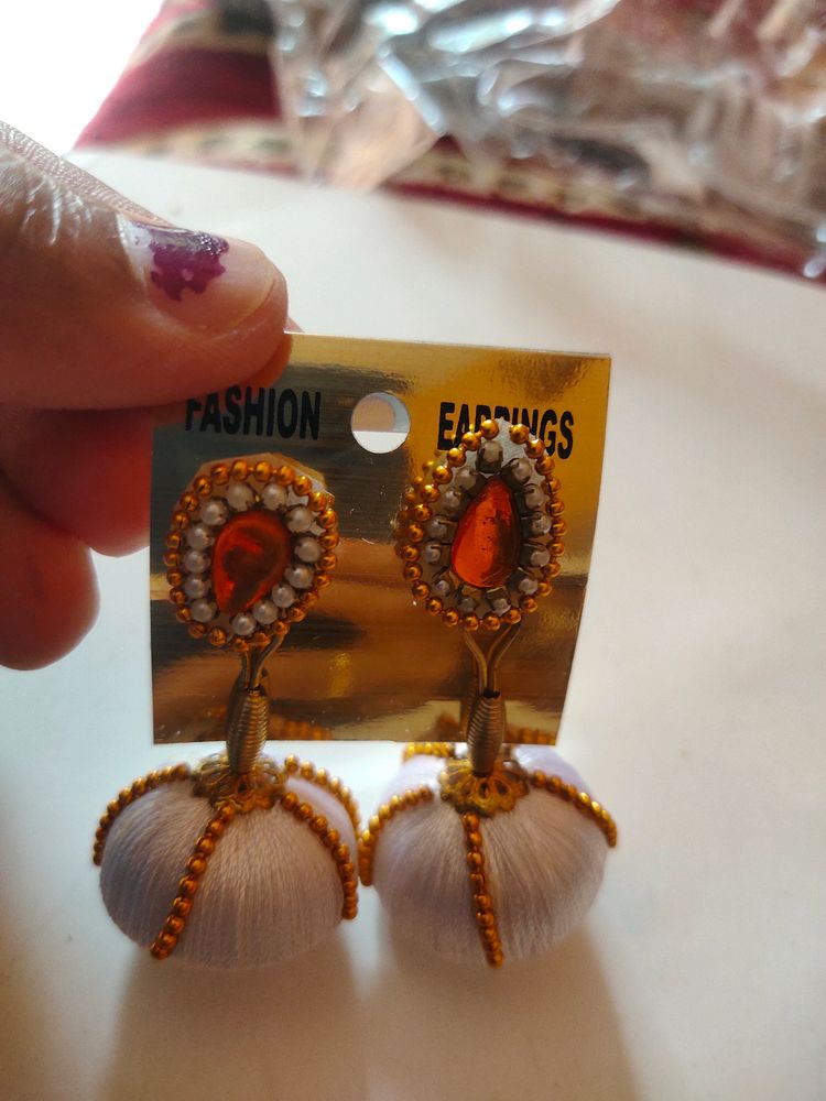 White Silk Thread Earrings