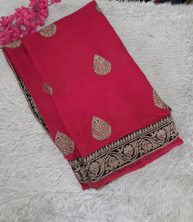 Red With Black & Gold Laced Saree(women's)