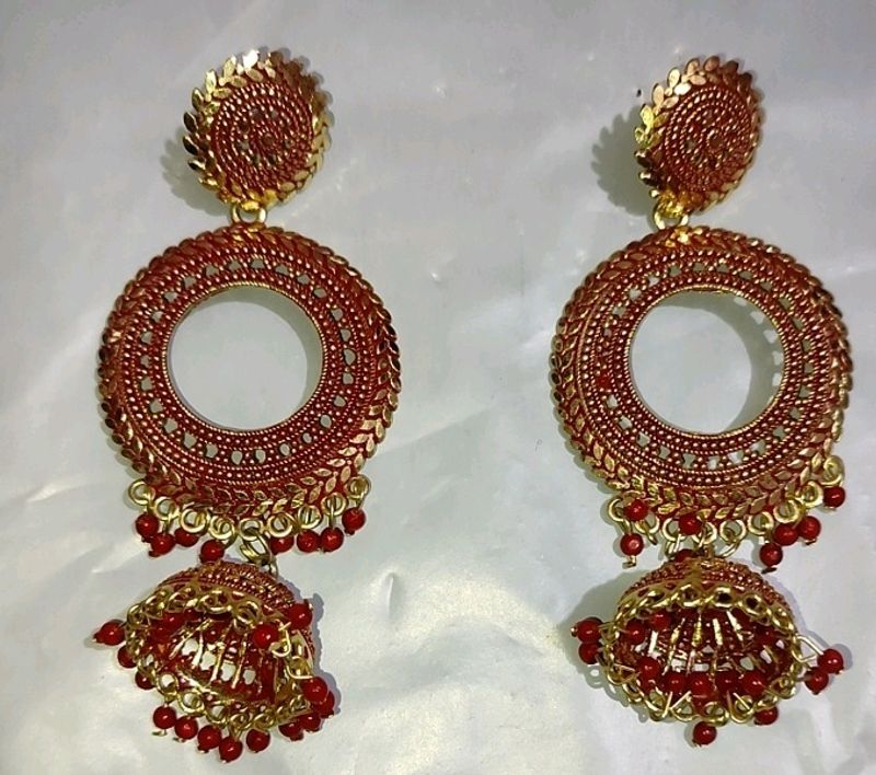 Red & Golden Jhumki Earing Studs