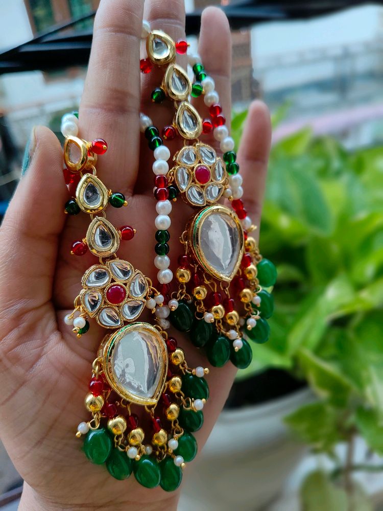 👌Long Kundan Earings With Ear Chain .