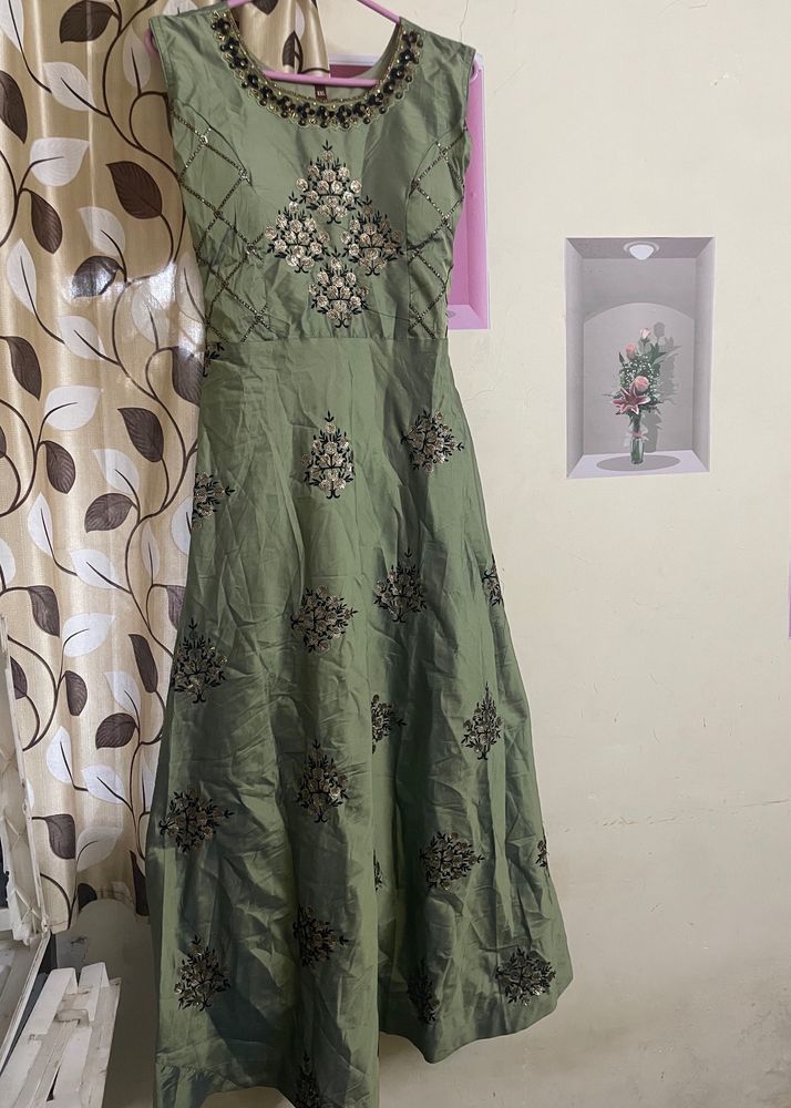 Pista And Navy Full Work Gown With Heavy Duppatta