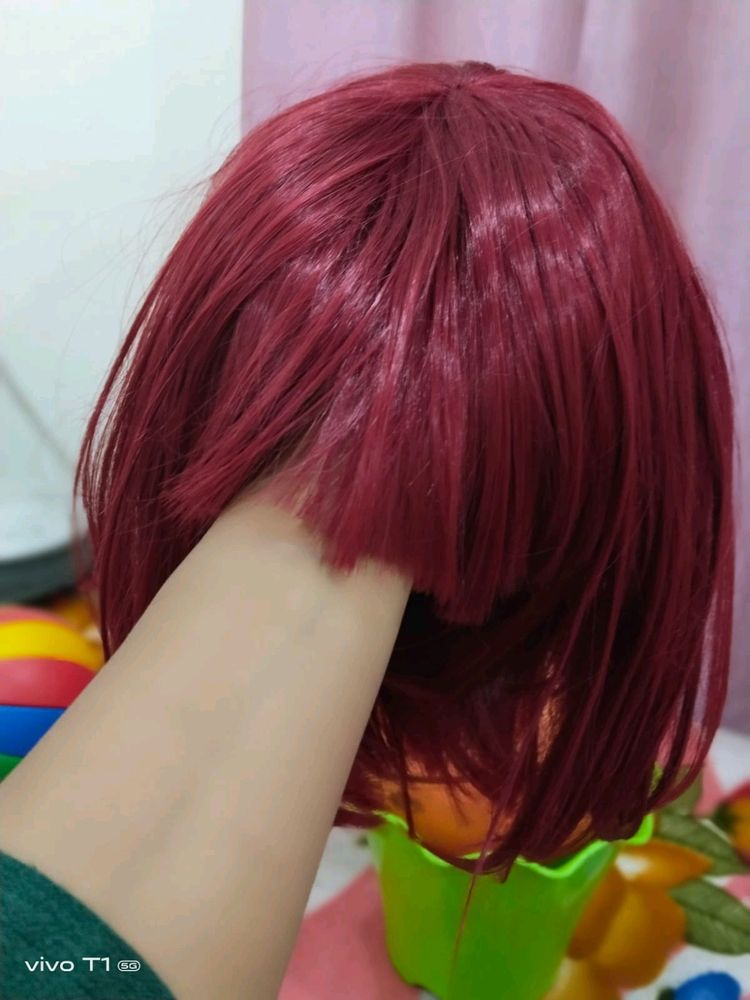 Red Short Hair With Bangs Full Head Cover