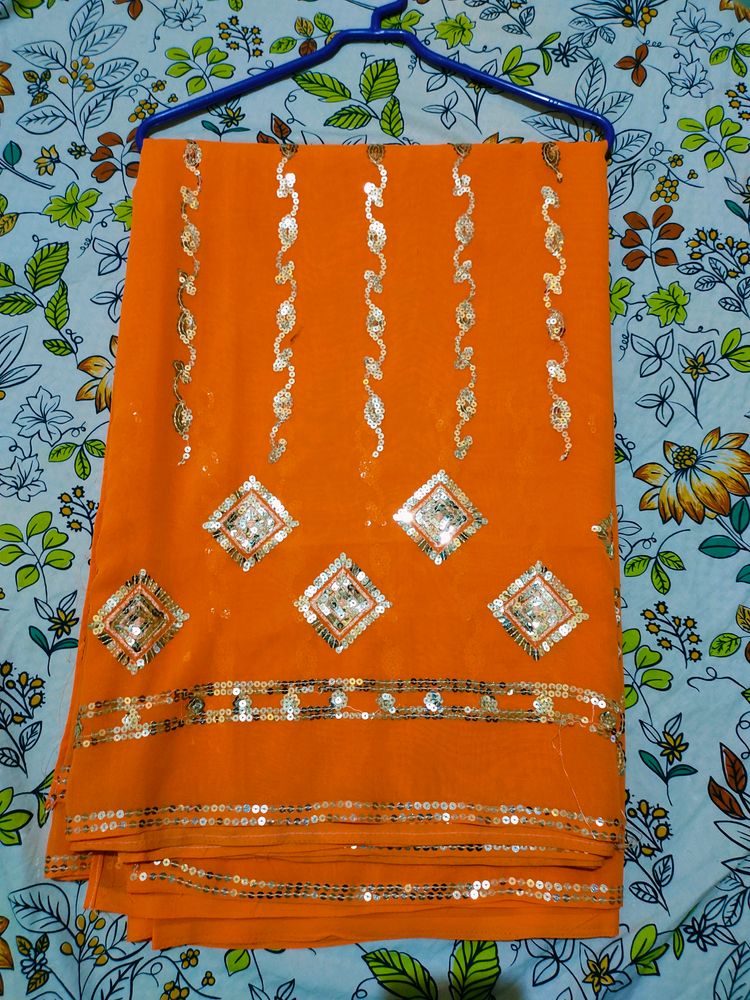 Orange  Saree Chamki Work