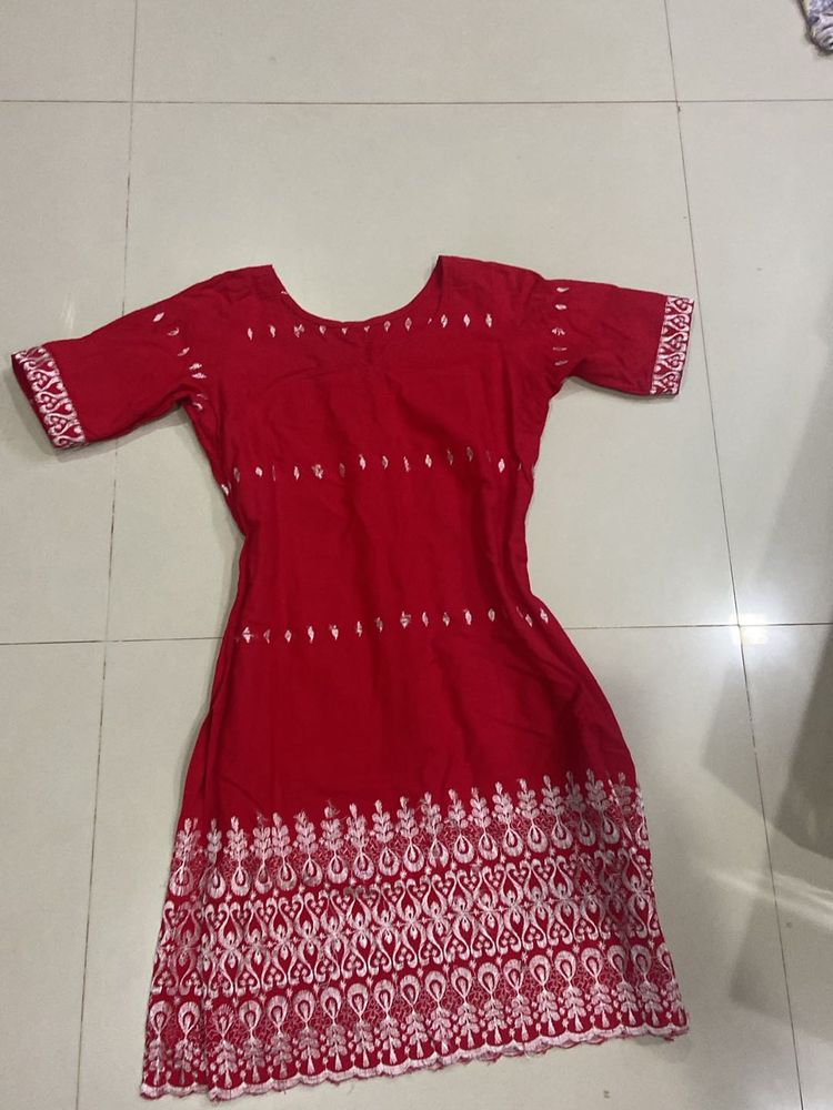 Red V Neck Straight Kurta