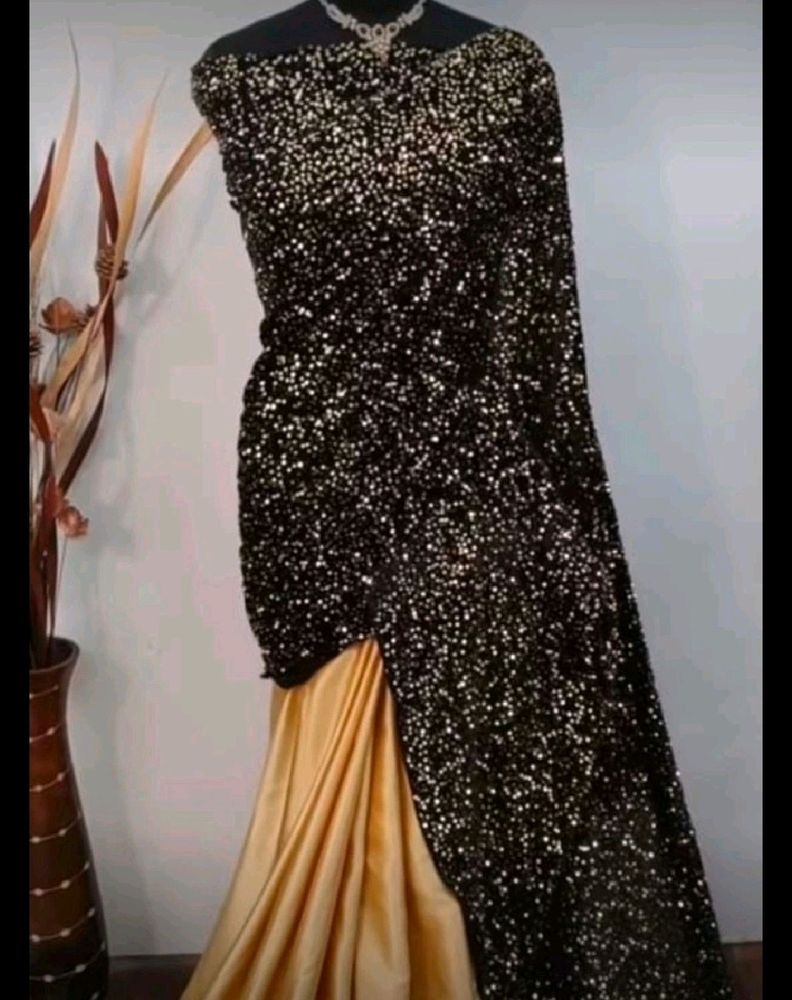 Beautiful Satin Black Golden Colour  Saree