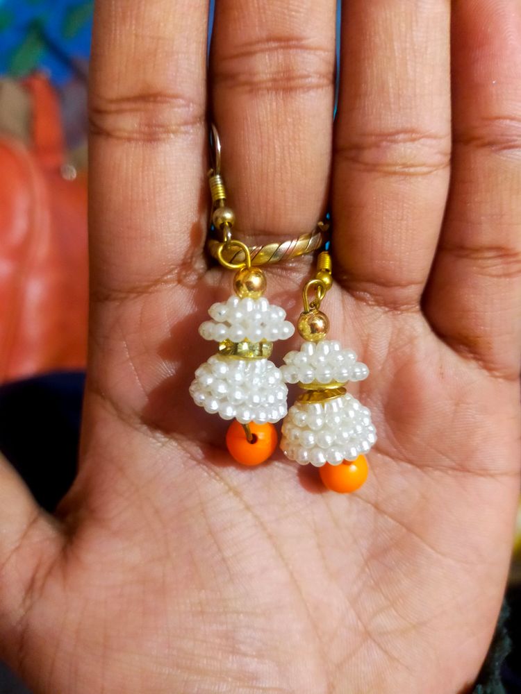 White and Orange Moti Earrings