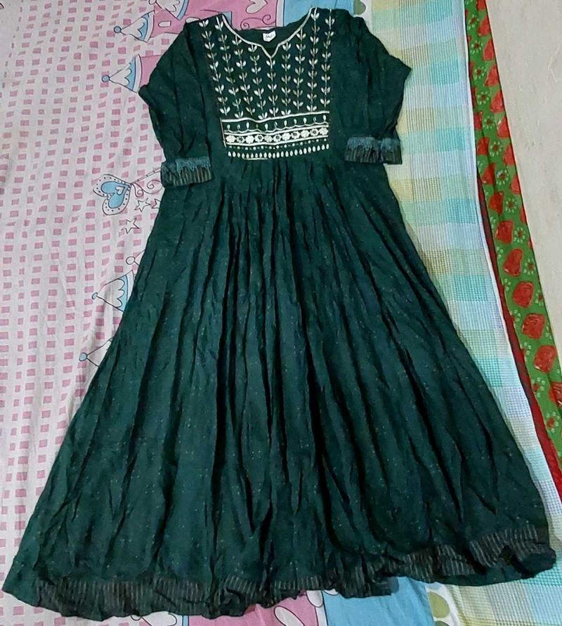 Dark Green Cotton Anarkali With Beautiful Work