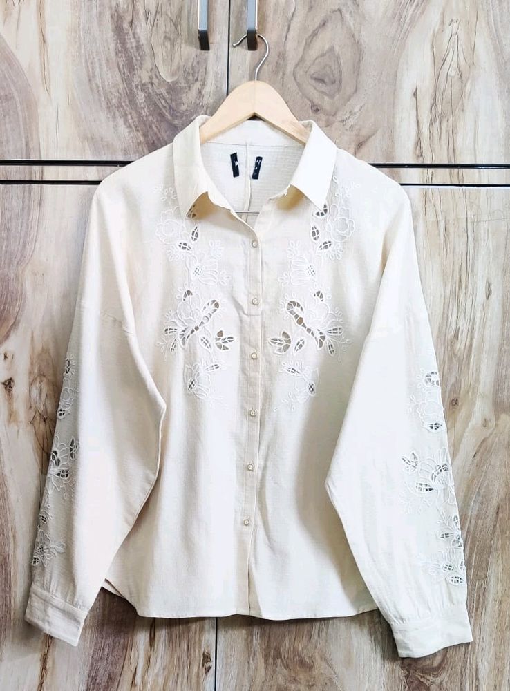 Cream Embroidery Work Shirt Size-38