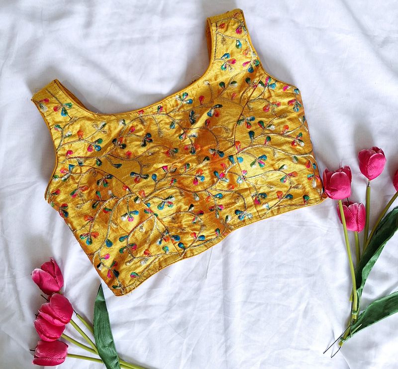 Ethnic Crop Top / Blouse - Golden With Embroidery