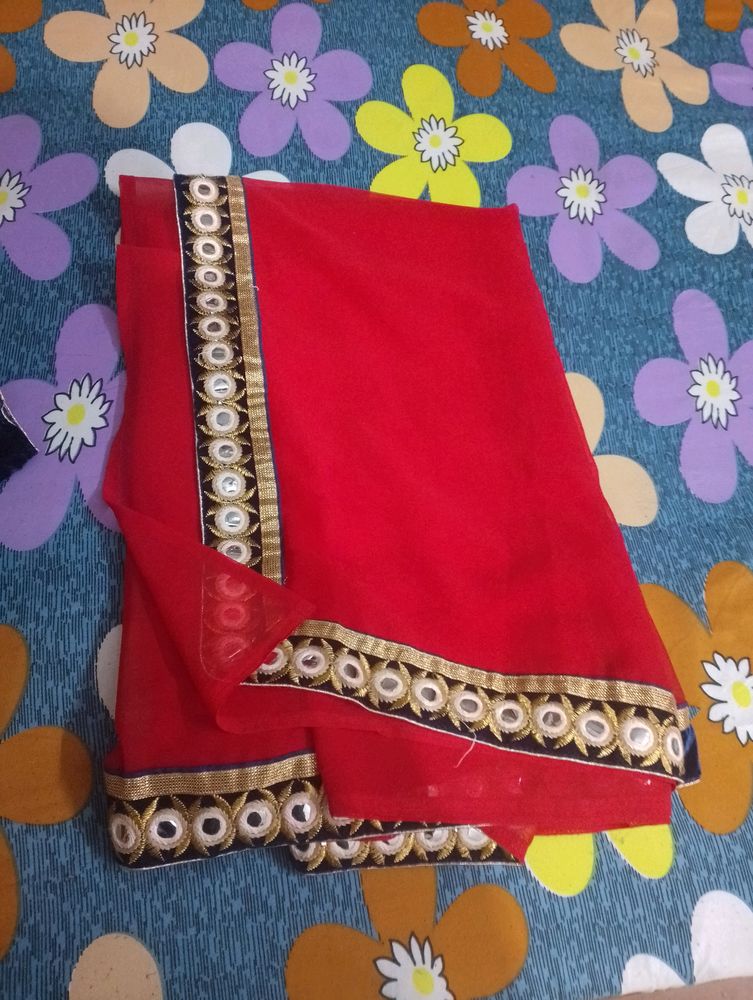 Red Saree With Stiched Blouse