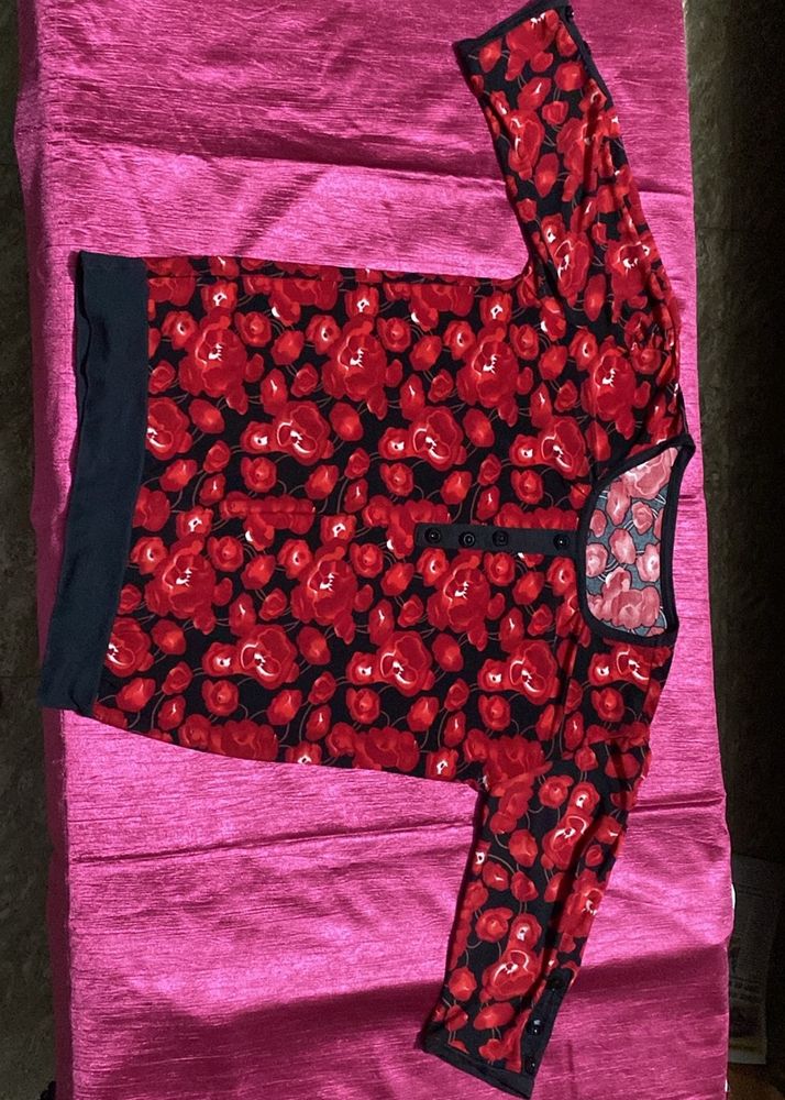 Dark Red And Black Floral Print Top.