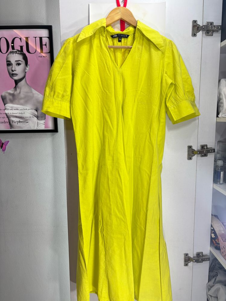 Neon Yellow Ankel Length Dress With Puff Sleeves