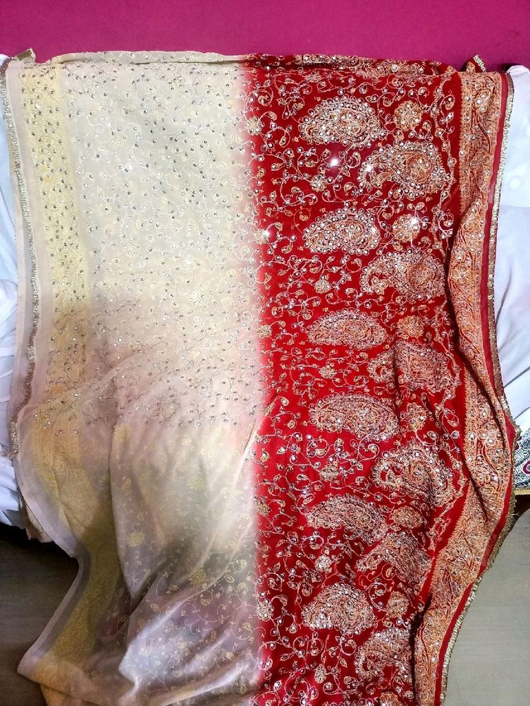 Red And White Heavy Embroidery Saree