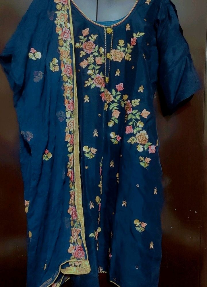 Navy Blue Sharara Suit With Dupatta, Bust 42