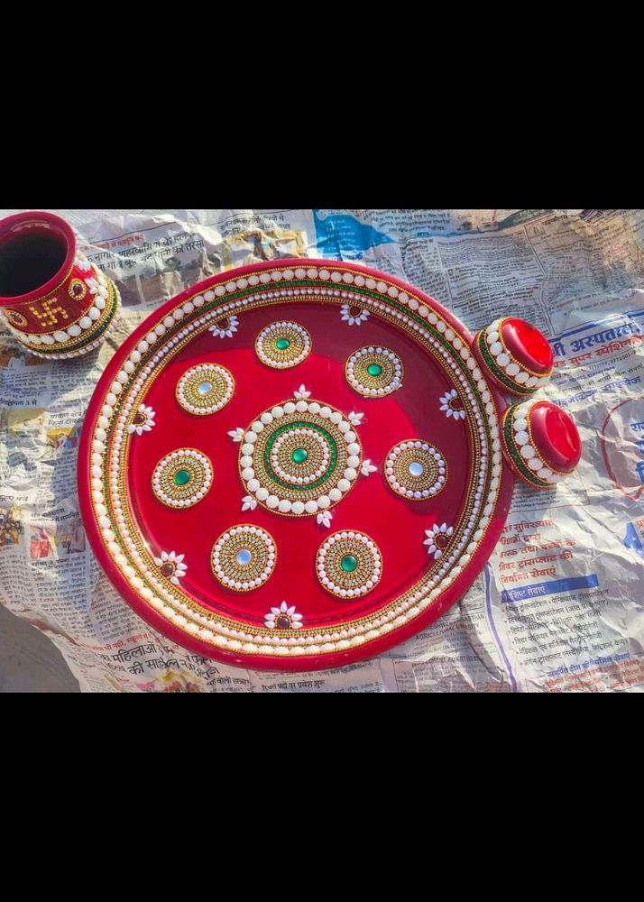 Handmade Wedding Kundan Decorated Pooja Thali