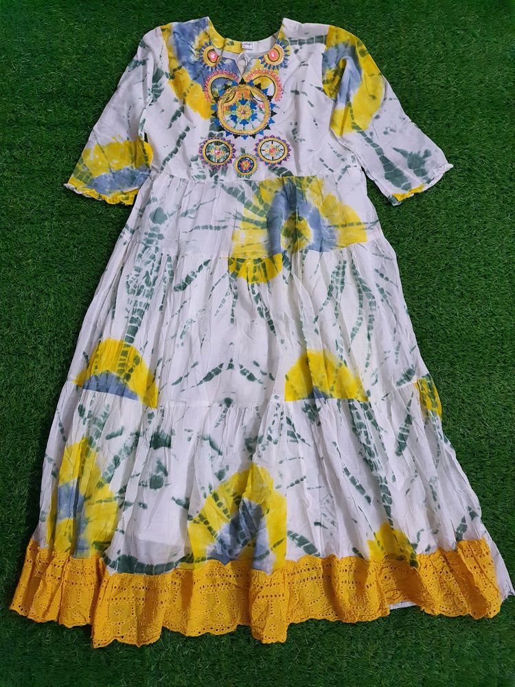 White With Yellow Shibori Print Anarkali Frock