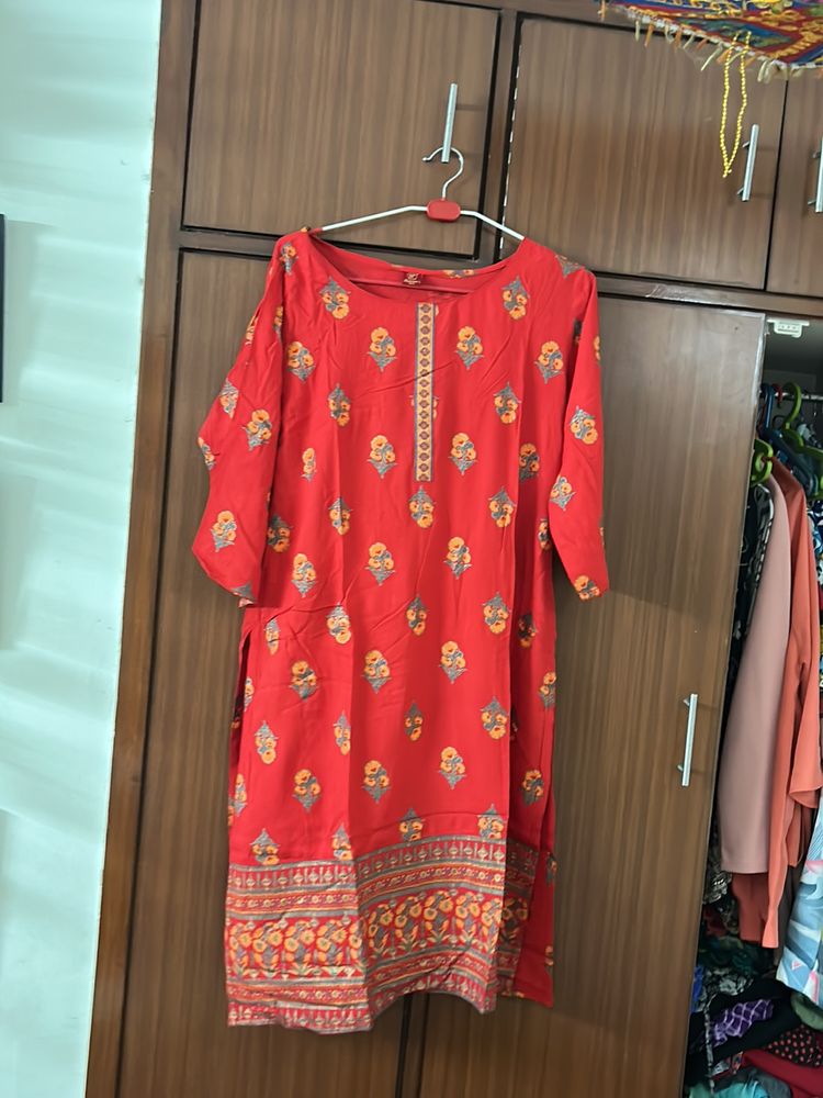 Red Rayon Aline Kurta With Garara