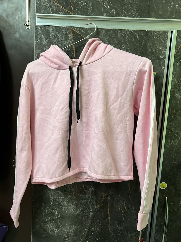 Trendy Pink Cropped Hoodie with Drawstrings