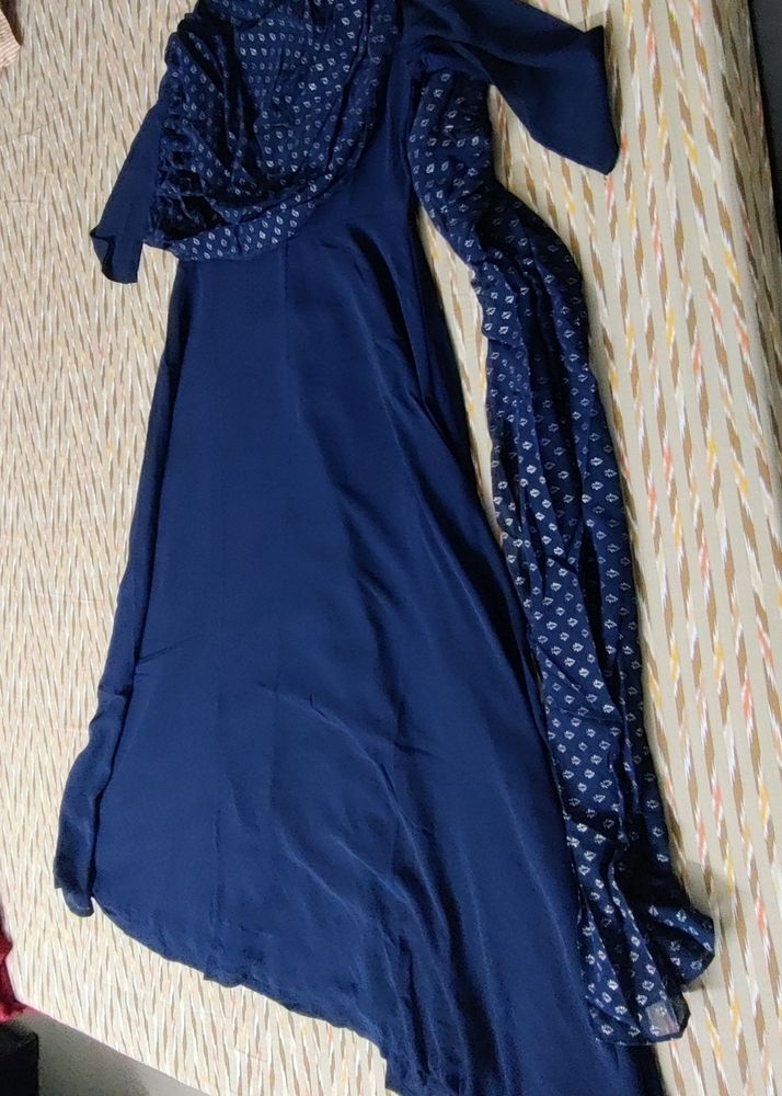 Navy Blue Floor Length Gown With Attached Dupatta