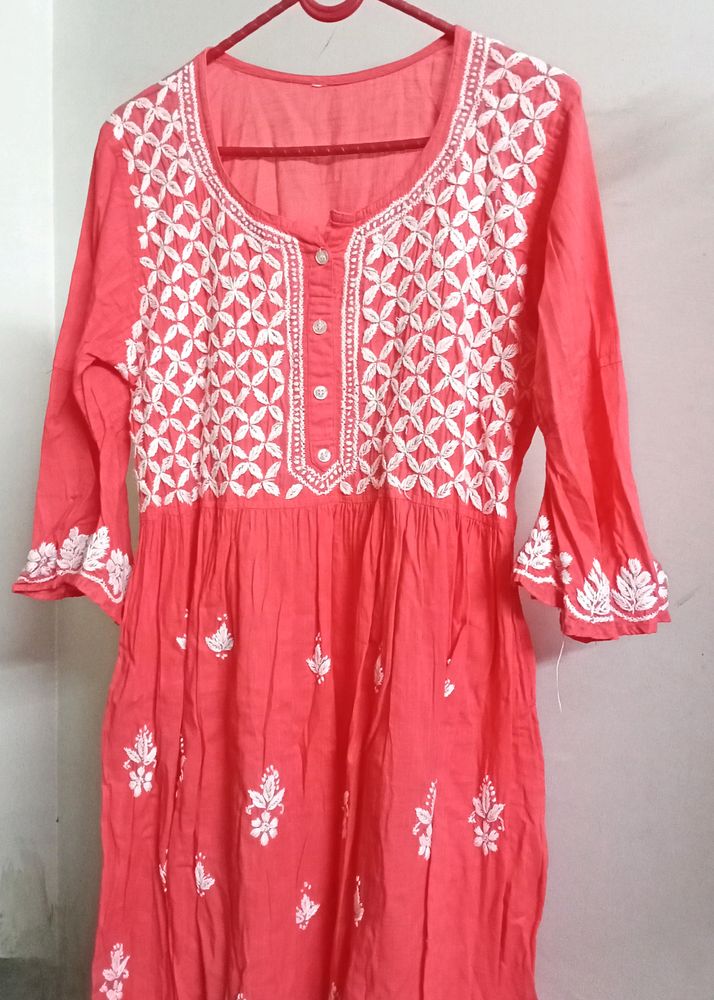 Coral Chikankari Cotton A-line Kurta